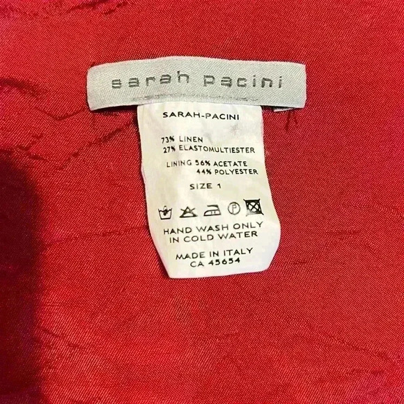 Sarah Pacini Red Linen Dress Size 1 Italy US 6 V Neck Satin Lagenlook Cocktail - Picture 3 of 5